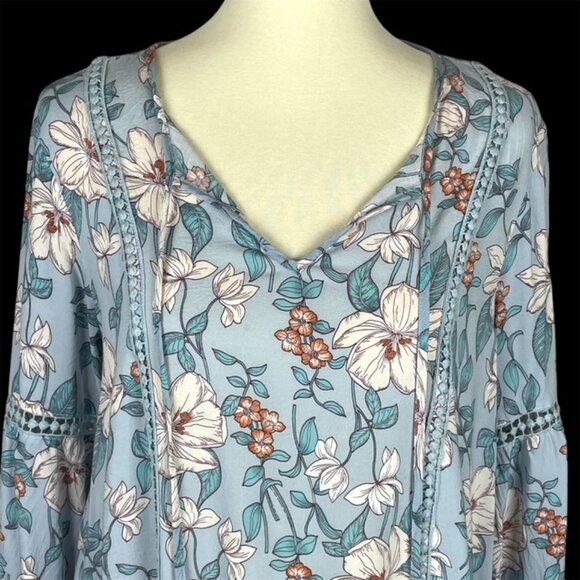 Cupio LS Tunic Top Sz L Blue Floral Fairy Festival Peasant Boho Gauzy Bloomcore - Picture 2 of 7